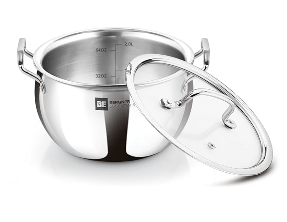 Bergner BE Bergner Essentials Tri-Ply Stainless Steel Rice Handi with Lid, Small Rice Handi with Handle, Even Heat Distribution, Easy to Clean, Induction & Gas Stove Ready