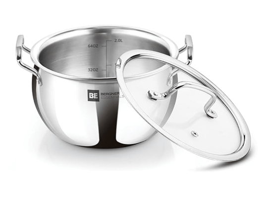 Bergner BE Bergner Essentials Tri-Ply Stainless Steel Rice Handi with Lid, Small Rice Handi with Handle, Even Heat Distribution, Easy to Clean, Induction & Gas Stove Ready