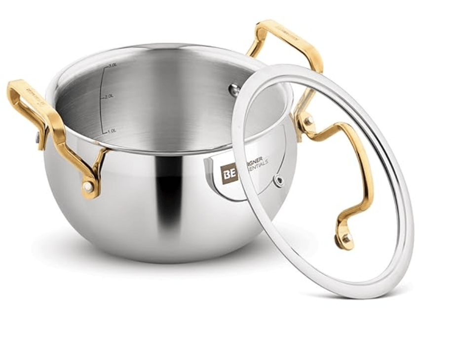 Bergner BE Bergner Essentials Triply Stainless Steel 16 cm (2.2 Liters) Rice Handi with Flat Glass Lid and Golden Coated Handles, Less Oil Cooking - Induction Bottom and Gas Stove Ready