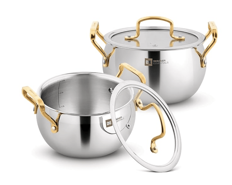 Bergner BE Essentials Rishi Gold 4 Pcs Rice Handi Set with Golden Coated Finishing Handles and Knob, Rice Handis with Glass Lids - 16 cm (2.2 L) and 18cm (3.2 L), Less Oil Use - Induction Bottom-1