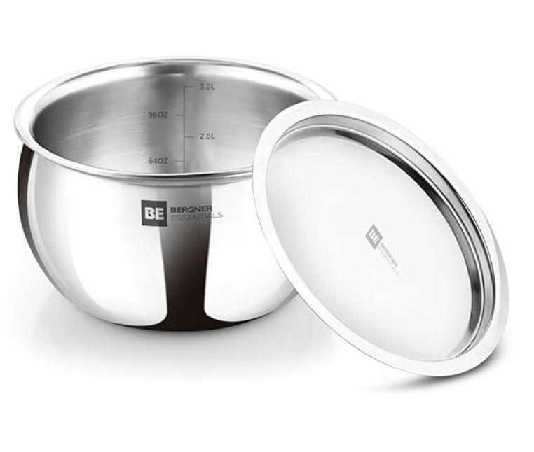 Bergner BE Bergner Essentials Tri-Ply Stainless Steel 18 cm Rice Handi with Lid, Steel Medium Size Rice Handi, Even Heat Distribution, Induction & Gas Stove Friendly, 5-Year Warranty by Bergner