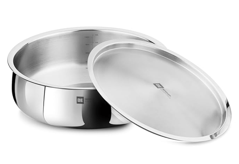 Bergner BE Bergner Essentials Tri-Ply Stainless Steel Biryani Handi with Lid,Biryani Pot, Patila Handi, Even Heat Distribution, Induction & Gas Stove Friendly, Silver, 5-Year Warranty-1