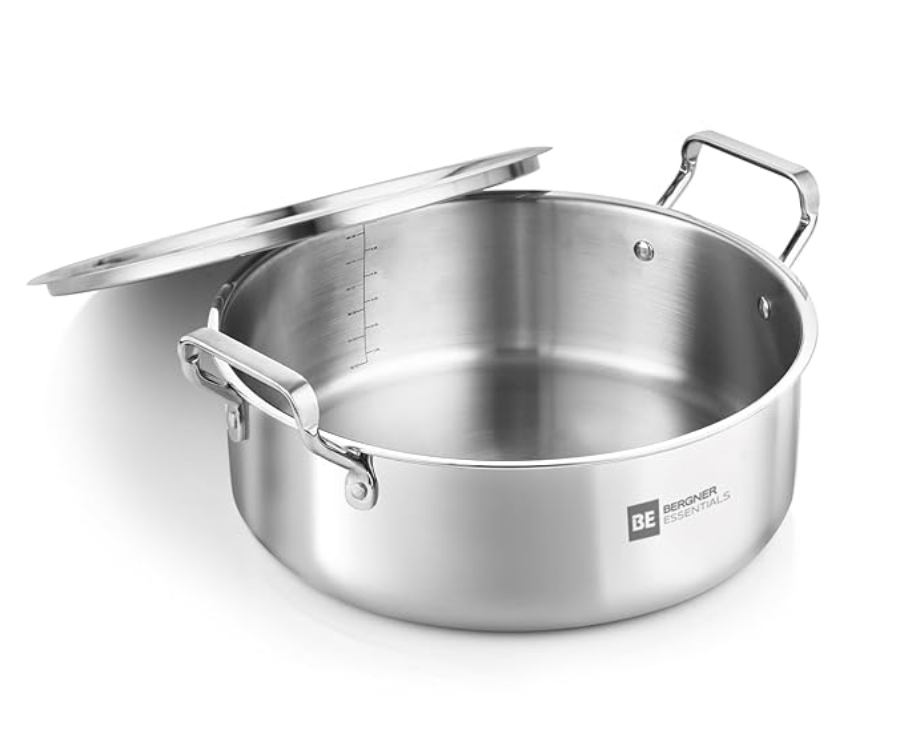 Bergner BE Bergner Essentials TriPly Stainless Steel 28 cm Shallow Biryani Pan with Stainless Steel Lid, Capacity 5.8 L, Shallow Tope/Langri for Biryani, Induction & Gas Compatible, 5-Year Warranty