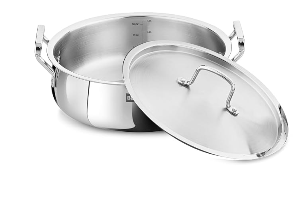 Bergner BE Bergner Essentials TriPly Stainless Steel 24 cm Biryani Handi with Lid, 4.4 L Biryani Pot, Patila Handi, Even Heat Distribution, Induction Bottom and Gas Stove Ready, 5-Year Warranty