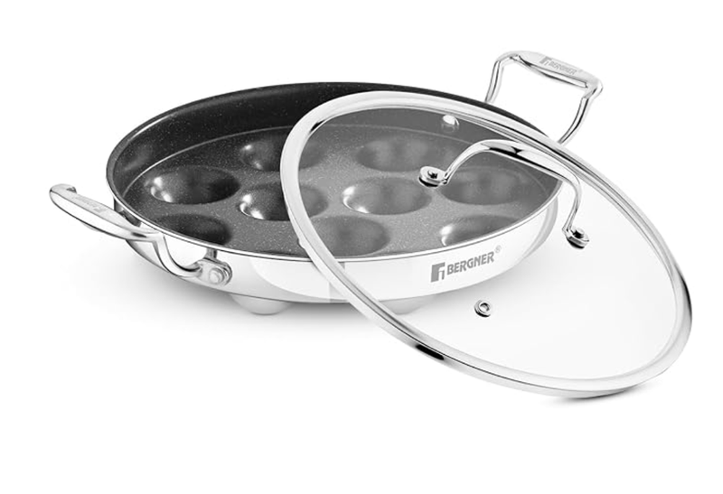 BERGNER Argent Samsara Triply Stainless Steel 11 Pits (25cm) Round Paniyarakkal with Glass Lid, Paniyaram with Quantanium Non-Stick Coating, Consumes Less Oil, Healthy Cooking - Induction Compatible-1