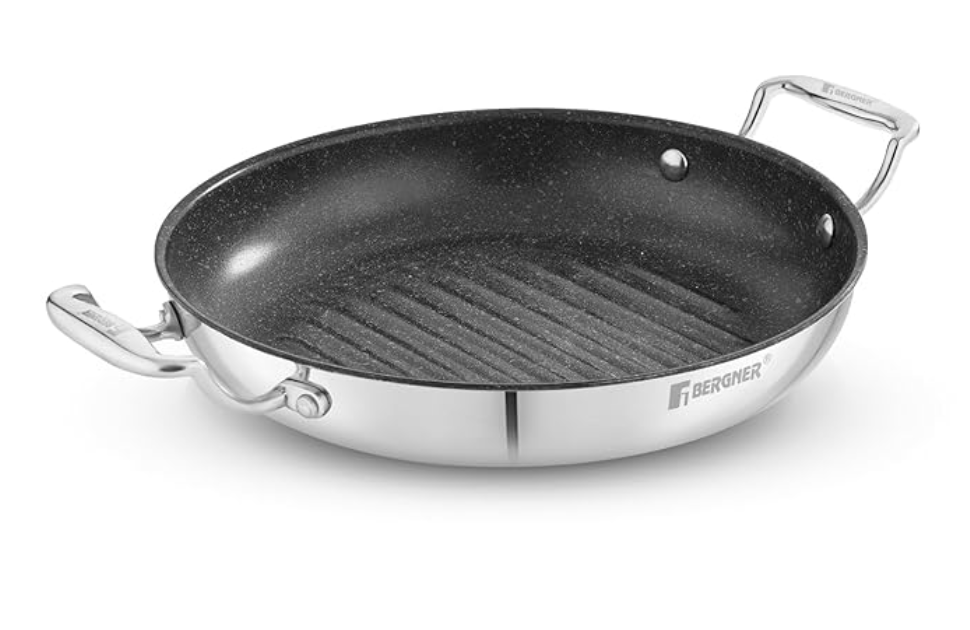 BERGNER Argent Samsara Triply Stainless Steel 26cm Round Grill Pan with Quantanium Non-Stick Coating, Consumes Less Oil, Healthy Cooking, Even and Fast Heating, Easy to Clean - Induction Compatible