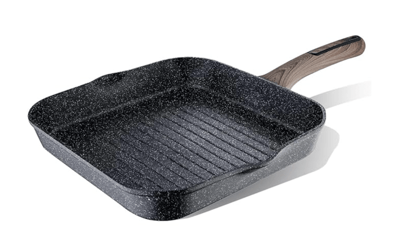 BERGNER Ultimate Cast NonStick 28 cm Grill Pan/Griddle, for Low Oil Tikkas/Kebabs/Sandwiches/Stovetop Babeque, Wood Finish Handle, Granite Finish, Induction & Gas Ready-1