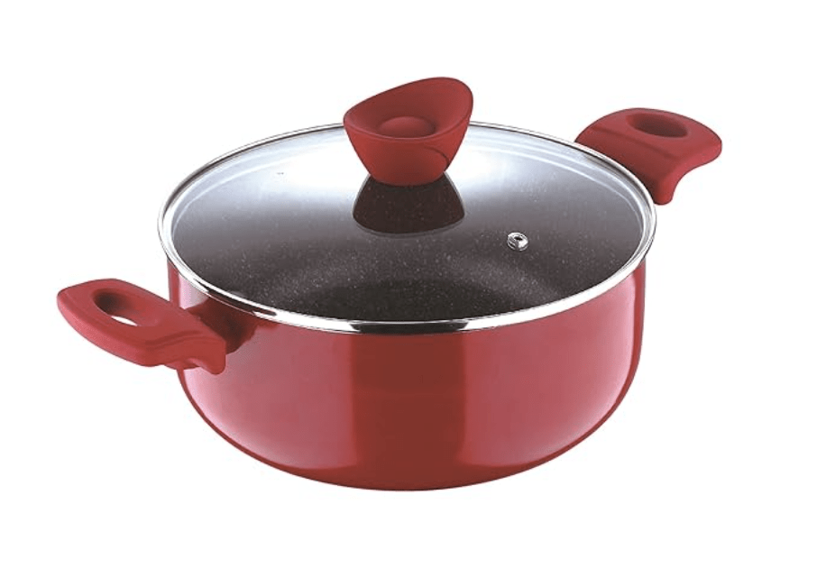 बर्गनर बेलिनी प्लस नॉन स्टिक कैसरोल/बिरयानी पॉट/हांडी ग्लास ढक्कन के साथ, 24 सेमी, 4.2 लीटर, इंडक्शन बेस, लाल, गैस तैयार 