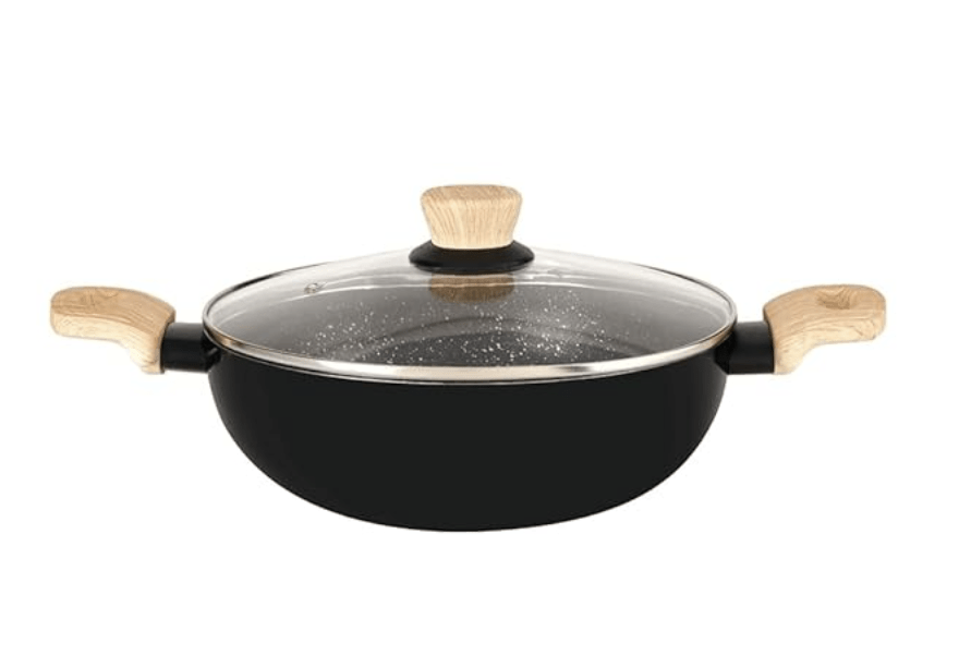 बर्गनर बेलिनी प्लस ऑरा 5-लेयर नॉन-स्टिक 22 सेमी कढ़ाई ग्लास ढक्कन के साथ, 2.9 लीटर कढ़ाई सॉफ्ट टच वुडन फ़िनिश हैंडल के साथ, 3.2 मिमी मोटाई, इंडक्शन बॉटम और गैस स्टोव रेडी, 1 साल की वारंटी 