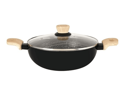 बर्गनर बेलिनी प्लस ऑरा 5-लेयर नॉन-स्टिक 22 सेमी कढ़ाई ग्लास ढक्कन के साथ, 2.9 लीटर कढ़ाई सॉफ्ट टच वुडन फ़िनिश हैंडल के साथ, 3.2 मिमी मोटाई, इंडक्शन बॉटम और गैस स्टोव रेडी, 1 साल की वारंटी 