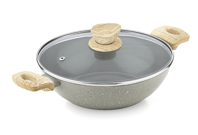 Bergner Naturally Ceramic Forged Aluminium 28cm Kadai with Glass Lid, 4.3 Liters Kadhai with Wooden Soft Touch Handles, Less Oil Use, Healthy and Durable Cookware, Induction Bottom and Gas Stove Ready-1