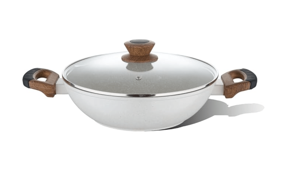 BERGNER Naturally Forged Aluminum 24cm Kadai with Glass Lid, 2 Liters Non-Stick kadhai, Marble Coating, Soft Touch Handles and Knob, Comes with Non-Woven Trivet, Induction Bottom and Gas Stove Ready