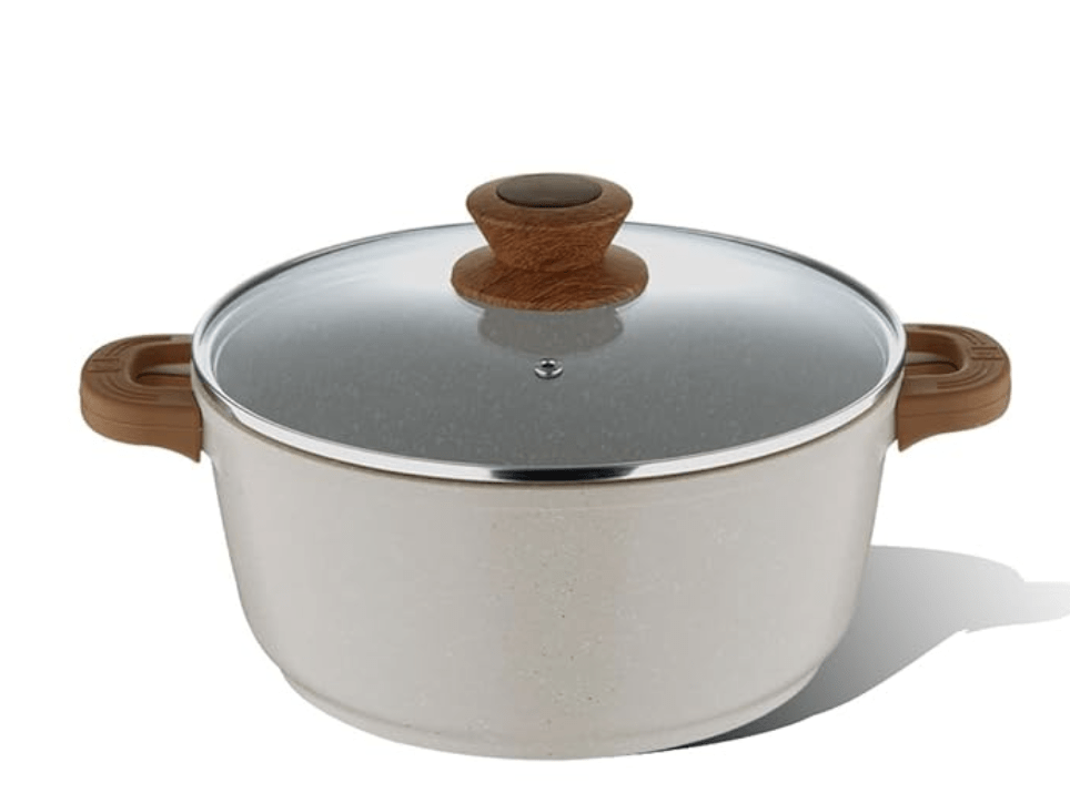 Bergner Naturally DieCast NonStick 32 cm Casserole with Glass Lid, 9 L Capacity, Free Woven Trivet, Heat Resistant Silicone Handle Grips, White Granite Finish, Induction & Gas ready