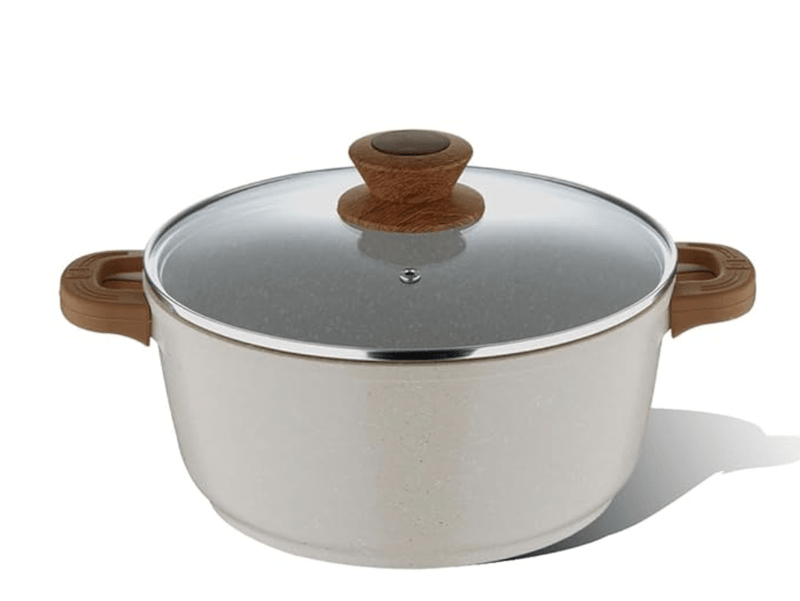 Bergner Naturally DieCast NonStick 28 cm Casserole with Glass Lid, 5.5 L Capacity, Free Woven Trivet, Heat Resistant Silicone Handle Grips, White Granite Finish, Induction & Gas ready-1