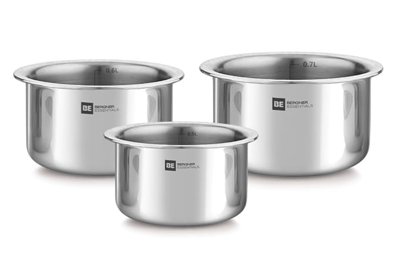 Bergner BE Bergner Essentials Tri-Ply Stainless Steel Junior Tope Set of 3 Pcs Set - 10 cm/500 ml, 11 cm/700ml, 12 cm/800ml, 3 Pc Patila Set, Topia Set, Induction Bottom and Gas Ready, 5-Year Warranty-1