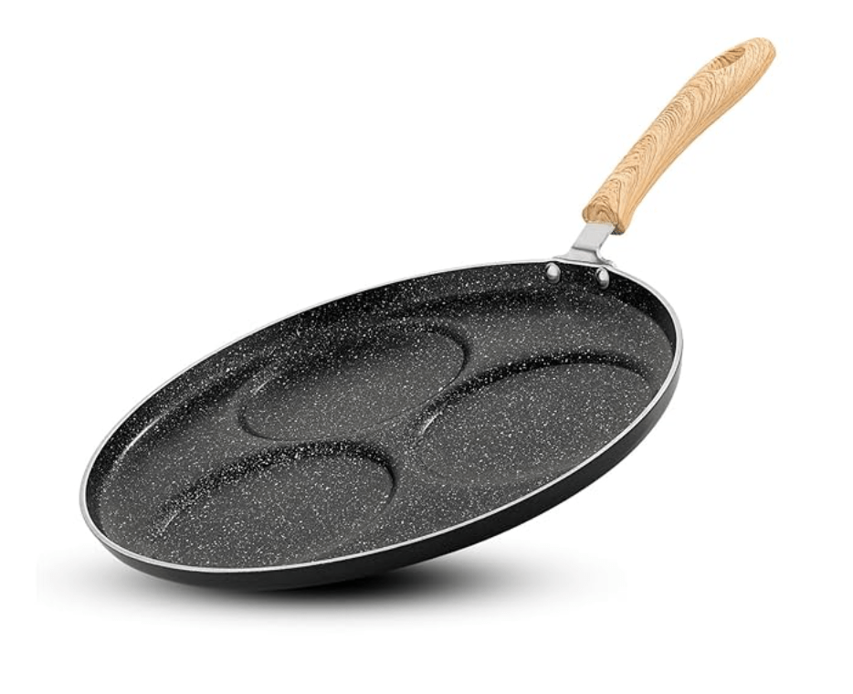 बर्गनर बेलिनी प्लस ऑरा 5-लेयर नॉन-स्टिक 3 पिट उत्तपम तवा, लकड़ी की फिनिश, सॉफ्ट टच हैंडल के साथ, 3 कैविटी पैनकेक मेकर, कम से कम तेल में खाना पकाना, PFOA मुक्त, टिकाऊ - गैस स्टोव के लिए तैयार 