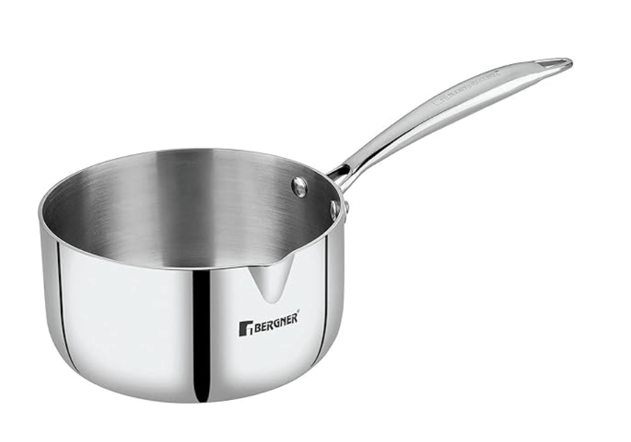 बर्गनर अर्जेन्ट ट्रिपली स्टेनलेस स्टील 16 सेमी मिल्कपैन/सॉसपैन, ठंडा रहने वाला कास्ट हैंडल, भोजन के लिए सुरक्षित, टिकाऊ, समान ताप वितरण, डिशवॉशर सुरक्षित, इंडक्शन और गैस रेडी, 5 साल की वारंटी, सिल्वर 