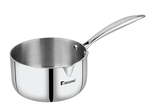 बर्गनर अर्जेन्ट ट्रिपली स्टेनलेस स्टील 16 सेमी मिल्कपैन/सॉसपैन, ठंडा रहने वाला कास्ट हैंडल, भोजन के लिए सुरक्षित, टिकाऊ, समान ताप वितरण, डिशवॉशर सुरक्षित, इंडक्शन और गैस रेडी, 5 साल की वारंटी, सिल्वर 