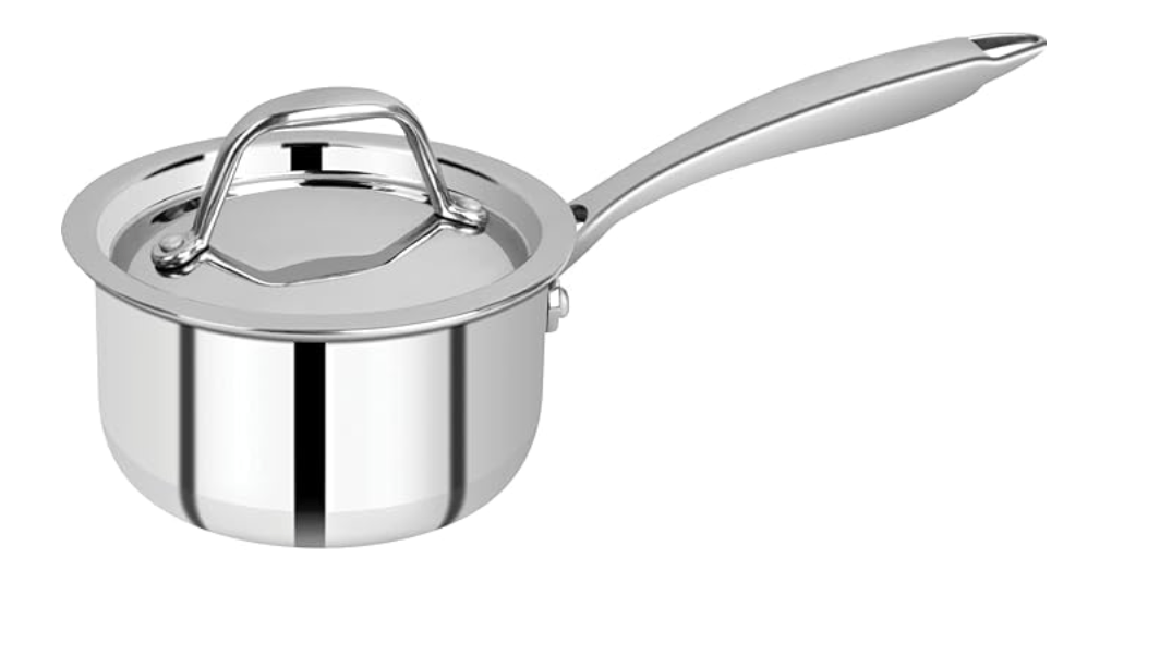 बर्गनर अर्जेन्ट जूनियर शेफ ट्रिपली स्टेनलेस स्टील 12 सेमी सॉसपैन स्टेनलेस स्टील ढक्कन के साथ, 0.8 लीटर सॉसपैन/मिल्कपैन, टिकाऊ, मिरर फ़िनिश, इंडक्शन बेस और गैस रेडी, सिल्वर, 5 साल की वारंटी 