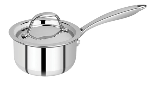 बर्गनर अर्जेन्ट जूनियर शेफ ट्रिपली स्टेनलेस स्टील 12 सेमी सॉसपैन स्टेनलेस स्टील ढक्कन के साथ, 0.8 लीटर सॉसपैन/मिल्कपैन, टिकाऊ, मिरर फ़िनिश, इंडक्शन बेस और गैस रेडी, सिल्वर, 5 साल की वारंटी 