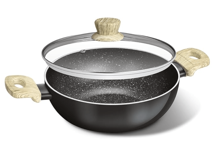 बर्गनर बेलिनी प्लस ऑरा 5-लेयर नॉन-स्टिक 32 सेमी कढ़ाई ग्लास ढक्कन के साथ, 7.6 लीटर कढ़ाई सॉफ्ट टच वुडन फिनिश हैंडल के साथ, मोटाई 3.2 मिमी, इंडक्शन बेस और गैस स्टोव रेडी - काला 