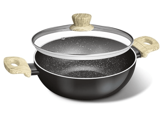 बर्गनर बेलिनी प्लस ऑरा 5-लेयर नॉन-स्टिक 32 सेमी कढ़ाई ग्लास ढक्कन के साथ, 7.6 लीटर कढ़ाई सॉफ्ट टच वुडन फिनिश हैंडल के साथ, मोटाई 3.2 मिमी, इंडक्शन बेस और गैस स्टोव रेडी - काला 