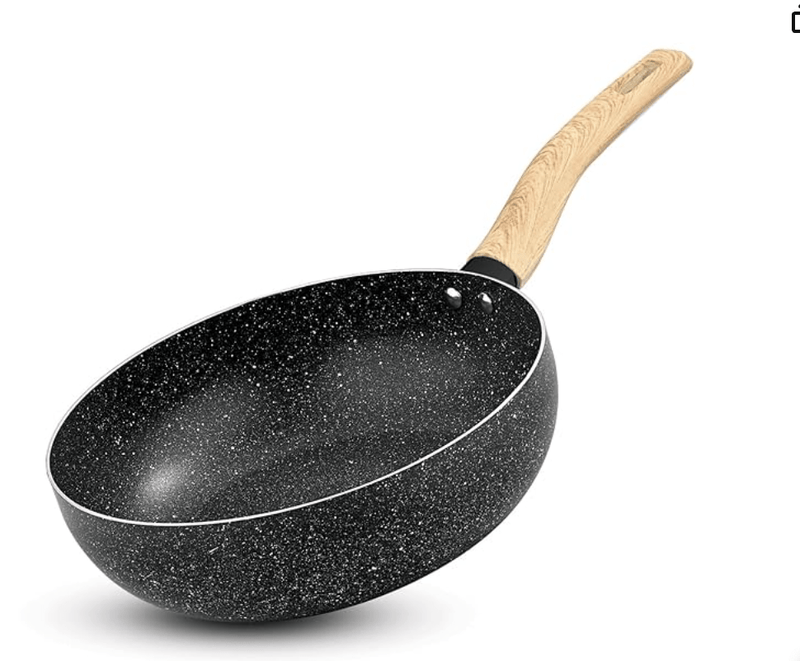 BERGNER Earth Black Non-Stick 24cm Wok, 3 LTR Wok with Long Wooden Finish Soft Touch Handle, 2.5 mm Thickness, Consumes Less Oil, Even Heat Distribution, White Marble Splatter, Induction Bottom-1