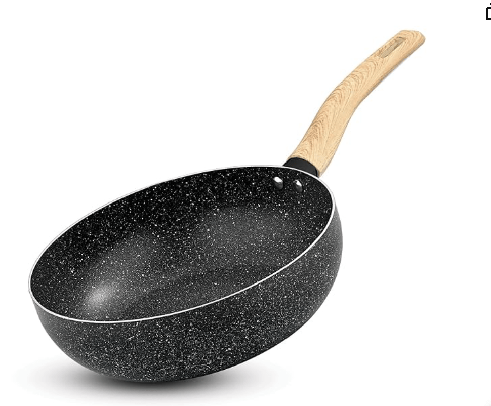 BERGNER Earth Black Non-Stick 24cm Wok, 3 LTR Wok with Long Wooden Finish Soft Touch Handle, 2.5 mm Thickness, Consumes Less Oil, Even Heat Distribution, White Marble Splatter, Induction Bottom