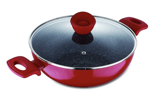 बर्गनर बेलिनी प्लस प्रेस एल्यूमिनियम कढ़ाई ग्लास ढक्कन के साथ, 28 सेमी इंडक्शन बेस, लाल 
