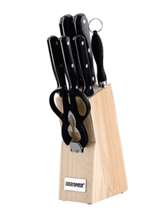 Bergner Shark Stainless Steel 8 Pcs Knife Set - Chef Knife, Bread Knife, Boning Knife, Utility Knife, Paring Knife, Sharpener, Scissor and Wooden Block, Durable and Sharp Blade, Soft Touch Handle-1