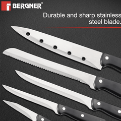 Bergner Shark Stainless Steel 8 Pcs Knife Set - Chef Knife, Bread Knife, Boning Knife, Utility Knife, Paring Knife, Sharpener, Scissor and Wooden Block, Durable and Sharp Blade, Soft Touch Handle-2