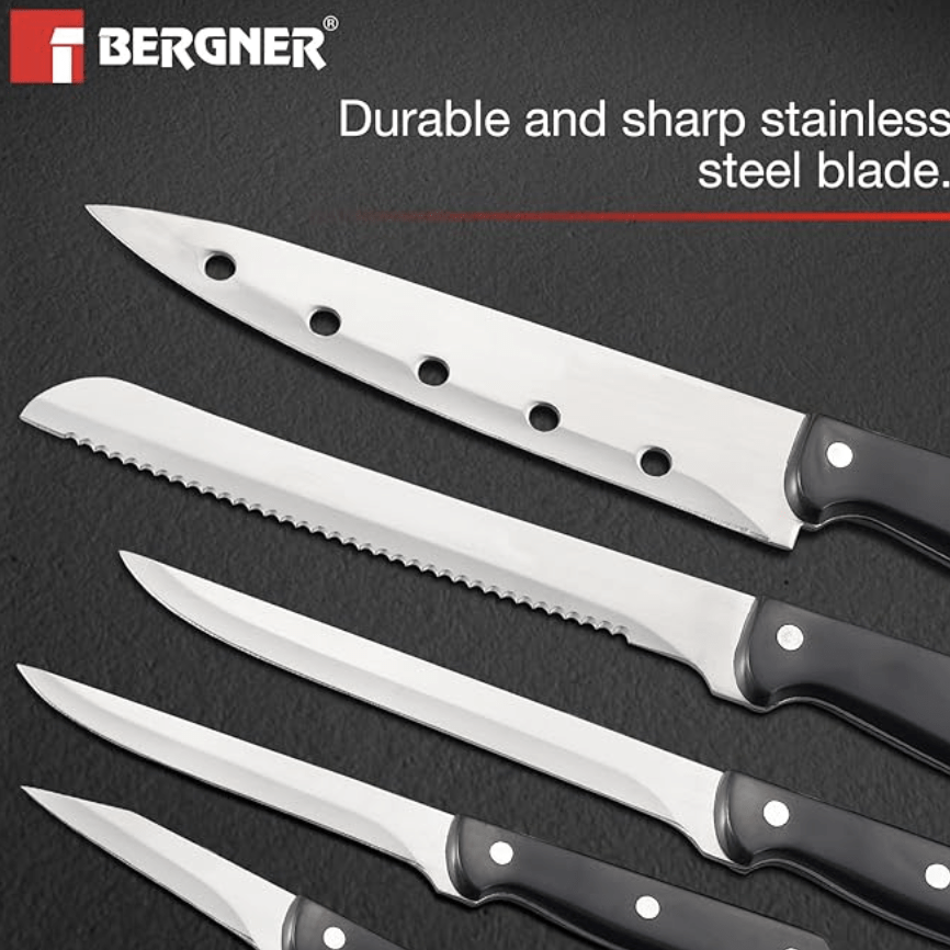 Bergner Shark Stainless Steel 8 Pcs Knife Set - Chef Knife, Bread Knife, Boning Knife, Utility Knife, Paring Knife, Sharpener, Scissor and Wooden Block, Durable and Sharp Blade, Soft Touch Handle-2