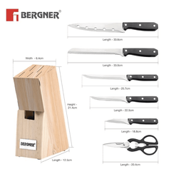 Bergner Shark Stainless Steel 8 Pcs Knife Set - Chef Knife, Bread Knife, Boning Knife, Utility Knife, Paring Knife, Sharpener, Scissor and Wooden Block, Durable and Sharp Blade, Soft Touch Handle-3