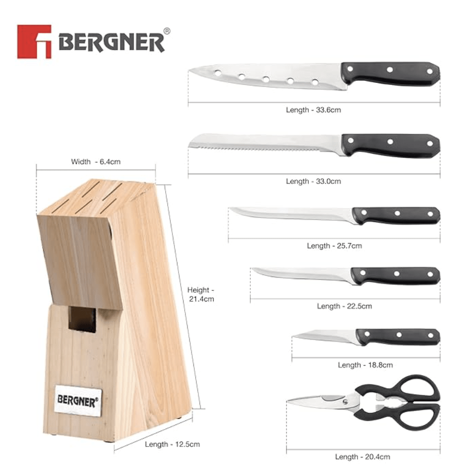 Bergner Shark Stainless Steel 8 Pcs Knife Set - Chef Knife, Bread Knife, Boning Knife, Utility Knife, Paring Knife, Sharpener, Scissor and Wooden Block, Durable and Sharp Blade, Soft Touch Handle-3