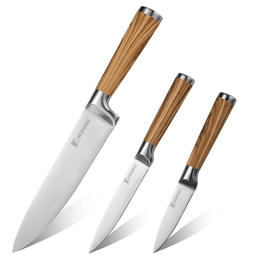 बर्गनर ऑलिव गार्डन स्टेनलेस स्टील 3 पीस चाकू सेट, 20 सेमी, 12.5 सेमी और 8.75 सेमी का किचन चाकू सेट, टिकाऊ, जंग प्रतिरोधी, सॉफ्ट टच लकड़ी का लेपित हैंडल, काटने, डाइसिंग, स्लाइसिंग आदि के लिए आदर्श 