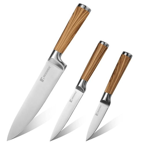 बर्गनर ऑलिव गार्डन स्टेनलेस स्टील 3 पीस चाकू सेट, 20 सेमी, 12.5 सेमी और 8.75 सेमी का किचन चाकू सेट, टिकाऊ, जंग प्रतिरोधी, सॉफ्ट टच लकड़ी का लेपित हैंडल, काटने, डाइसिंग, स्लाइसिंग आदि के लिए आदर्श 