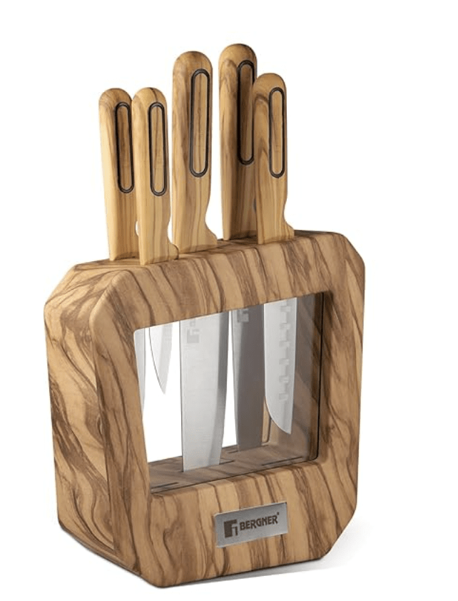 बर्गनर ऑलिव गार्डन स्टेनलेस स्टील 6 पीस चाकू सेट, रसोई के चाकू का सेट, शेफ चाकू, सैंटोकू चाकू, स्लाइसर चाकू, उपयोगिता चाकू, लकड़ी के चाकू ब्लॉक के साथ छीलने वाला चाकू, टिकाऊ, मुलायम स्पर्श वाला हैंडल 