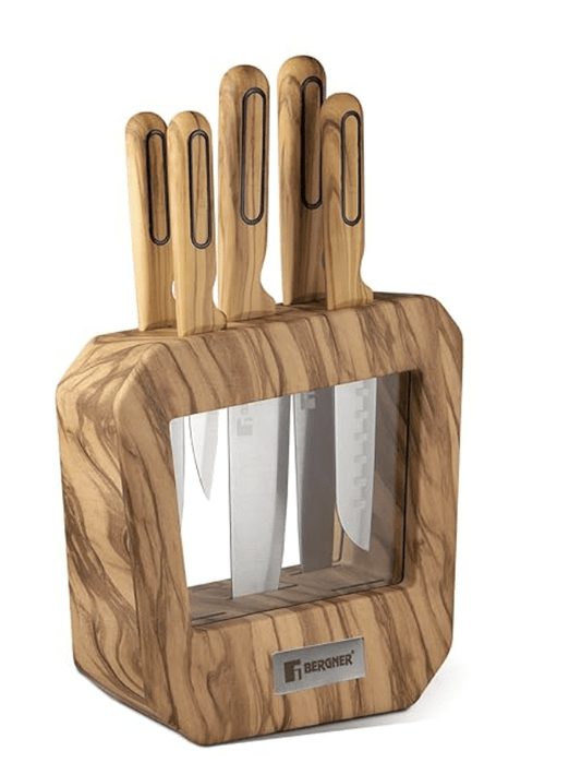 बर्गनर ऑलिव गार्डन स्टेनलेस स्टील 6 पीस चाकू सेट, रसोई के चाकू का सेट, शेफ चाकू, सैंटोकू चाकू, स्लाइसर चाकू, उपयोगिता चाकू, लकड़ी के चाकू ब्लॉक के साथ छीलने वाला चाकू, टिकाऊ, मुलायम स्पर्श वाला हैंडल 