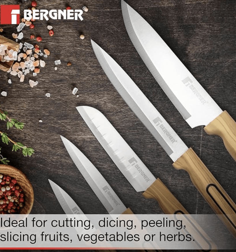 बर्गनर ऑलिव गार्डन स्टेनलेस स्टील 6 पीस चाकू सेट, रसोई के चाकू का सेट, शेफ चाकू, सैंटोकू चाकू, स्लाइसर चाकू, उपयोगिता चाकू, लकड़ी के चाकू ब्लॉक के साथ छीलने वाला चाकू, टिकाऊ, मुलायम स्पर्श वाला हैंडल 