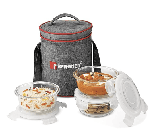 BERGNER Fresh Lunch Premium 3 Pcs Lunch Box Set - Microwave Safe and Leak Proof 3 Glass Containers (400ml Each) with BPA Free Lids, Fabric Bag with Shoulder Strap, Dishwasher Safe - Transparent/Grey