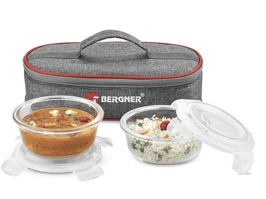 BERGNER Fresh Lunch 2 Pcs Lunch Box Set - Microwave Safe 2 Glass Containers (400ml Each) with BPA Free Lids, Tiffin Boxes with Fabric Bag, Leak Proof, Airtight, Dishwasher Safe - Transparent/Grey