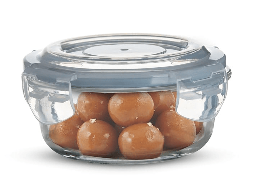 BERGNER போரோசிலிகேட் கண்ணாடி பக்கவாட்டு பூட்டு சுற்று சேமிப்பு கொள்கலன் சமையலறைக்கு காற்று புகாத மற்றும் கசிவு இல்லாத மூடி, BPA இல்லாதது, மைக்ரோவேவ் மற்றும் ஓவன் பாதுகாப்பானது, நீக்கக்கூடிய சிலிகான் ஐஸ் ப்ளூ கேஸ்கெட் (400 மிலி), வெளிப்படையானது. 