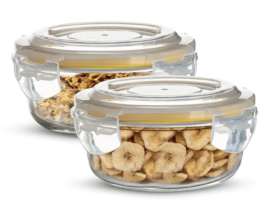 சமையலறைக்கான BERGNER போரோசிலிகேட் கண்ணாடி பக்கவாட்டு பூட்டு வட்ட சேமிப்பு கொள்கலன், காற்று புகாத மற்றும் கசிவு இல்லாத மூடி, BPA இல்லாதது, மைக்ரோவேவ் மற்றும் ஓவன் பாதுகாப்பானது, நீக்கக்கூடிய சிலிகான் மஞ்சள் கேஸ்கெட், ஒவ்வொன்றும் 400 மில்லி (2 தொகுப்பு) 