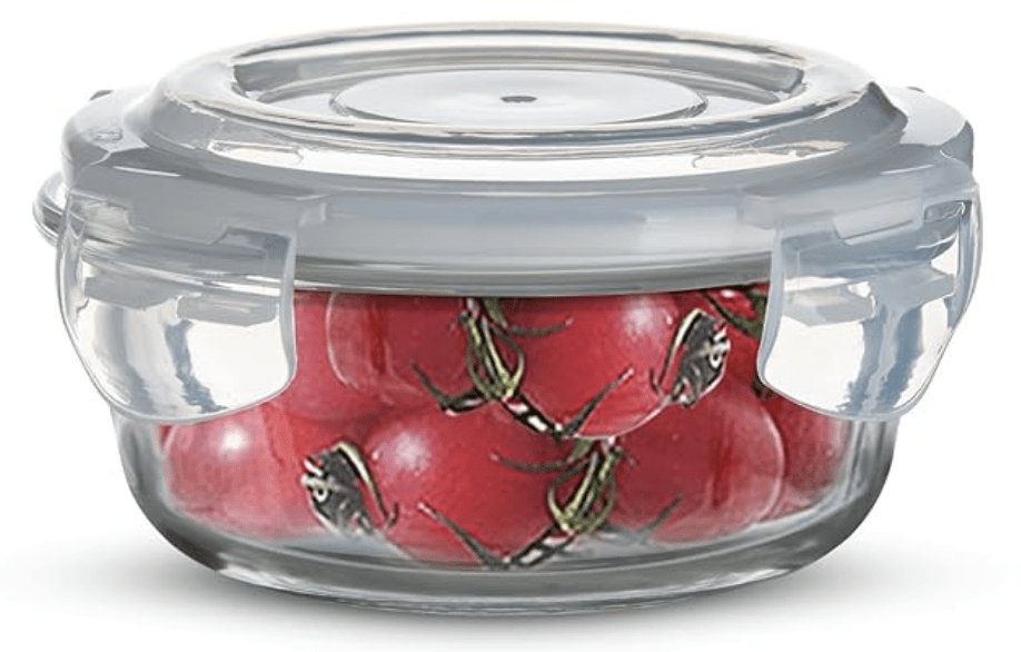 बर्गनर बोरोसिलिकेट ग्लास साइड लॉक गोल स्टोरेज कंटेनर किचन के लिए एयर-टाइट और लीकप्रूफ ढक्कन के साथ, BPA मुक्त, माइक्रोवेव और ओवन सुरक्षित, हटाने योग्य सिलिकॉन सफेद गैस्केट (400 मिलीलीटर), पारदर्शी 