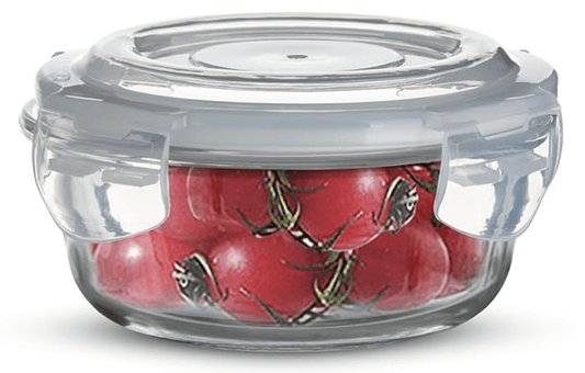 BERGNER Borosilicate Glass Side Lock Round Storage Container for Kitchen with Air-Tight and Leakproof Lid, BPA Free, Microwave and Oven Safe, Removable Silicone White Gasket (400 ml), Transparent