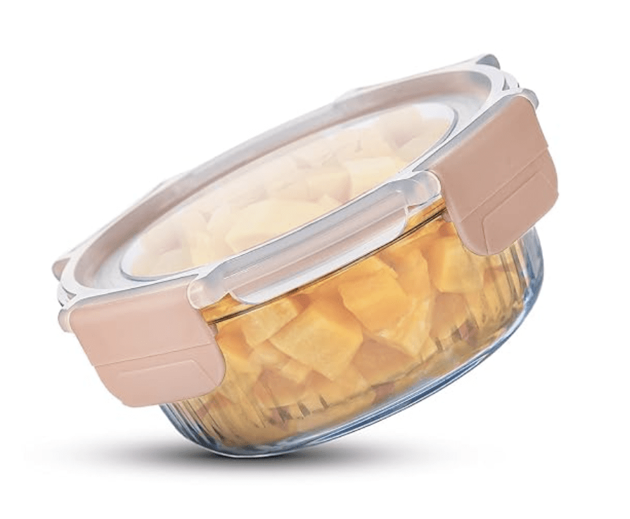 BERGNER Smart Lock Borosilicate Round 400ml Food Container for Kitchen/Tiffin, Air-Tight Lid with Locking Tabs, Space Saving, Stackable, Microwave and Oven Safe, Food Safe, Dishwasher Safe - Pink