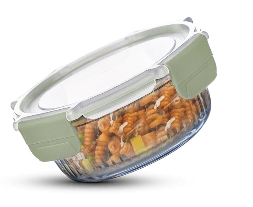 சமையலறை/டிஃபினுக்கான BERGNER ஸ்மார்ட் லாக் போரோசிலிகேட் சுற்று 620மிலி உணவு கொள்கலன், பூட்டும் தாவல்களுடன் காற்று புகாத மூடி, இடத்தை சேமிக்கும், அடுக்கக்கூடிய, மைக்ரோவேவ் மற்றும் ஓவன் பாதுகாப்பானது, உணவு பாதுகாப்பானது, பாத்திரங்கழுவி பாதுகாப்பானது - பச்சை 