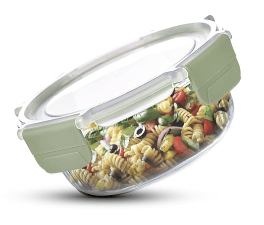 சமையலறை/டிஃபினுக்கான BERGNER ஸ்மார்ட் லாக் போரோசிலிகேட் சுற்று 950மிலி உணவு கொள்கலன், பூட்டும் தாவல்களுடன் காற்று புகாத மூடி, இடத்தை சேமிக்கும், அடுக்கக்கூடிய, மைக்ரோவேவ் மற்றும் ஓவன் பாதுகாப்பானது, உணவு பாதுகாப்பானது, பாத்திரங்கழுவி பாதுகாப்பானது - பச்சை 