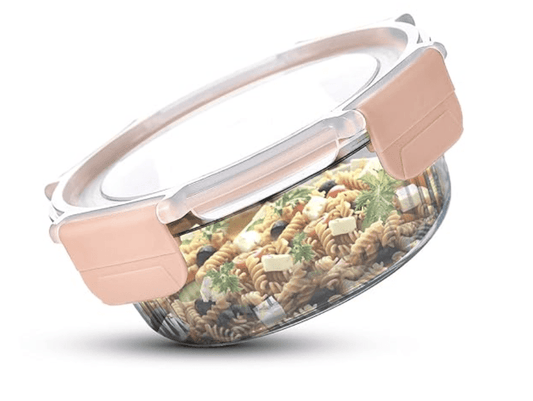 BERGNER Smart Lock Borosilicate Round 950ml Food Container for Kitchen/Tiffin, Air-Tight Lid with Locking Tabs, Space Saving, Stackable, Microwave and Oven Safe, Food Safe, Dishwasher Safe - Pink