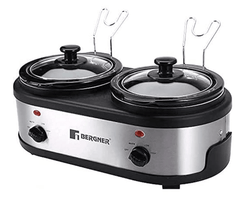 Bergner Supreme Stainless Steel Slow Cooker with Cookbook Twin Pot 100W, 2 X 1.5 Liter, Grey-1